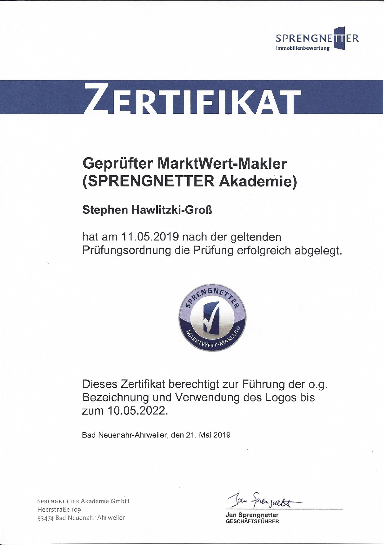 Zertifikat Sprengnetter Marktwertmakler Stephen Hawlitzki